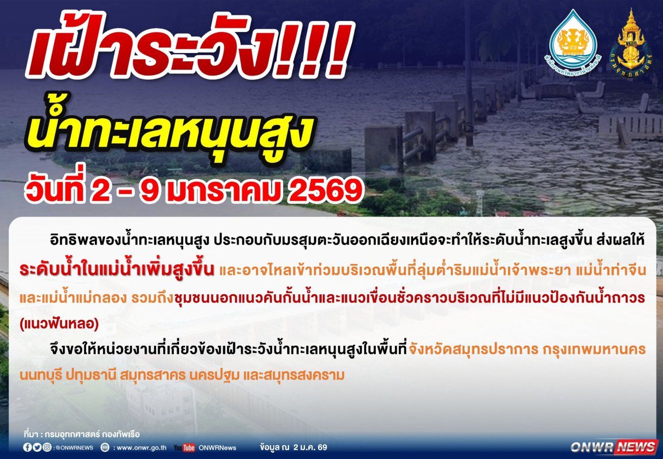 ประกาศแจ้งเตือนในช่วงวันที่ 2-9 มกราคม 2569 เป็นช่วงน้ำทะเลหนุนสูง ซึ่งอาจมีผลกระทบต่อบ้านเรือนประชาชนและพื้นที่เกษตรบริเวณลุ่มต่ำนอกคันกั้นน้ำริมแม่น้ำท่าจีน